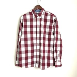 HAGGAR Mens Large Burgundy Buffalo Check Fitted Long Sleeve Button Up C7